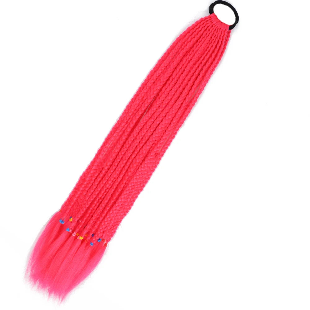 Synthetic 24inch Girls Colored Box Braided Ponytail With Elastic Rubber Band Hair Extensions Rainbow Color Box Pigtail Hairpiece
