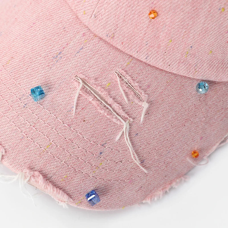 Women's Distressed Denim Baseball Cap with Colorful Beads, Light Blue Frayed Brim Hat for Beach, Sweet Street Accessory