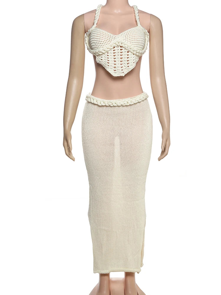 Crochet Shirring 2 Piece Set Women Cross Bandage Backless Irregular Tops+Solid Long Skirts Vacation Beach Style Suits