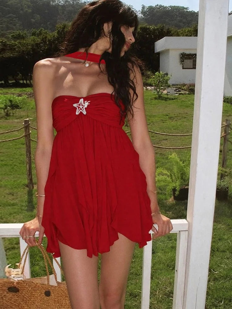 Floral Mesh Dresses Off Shoulder Halter Backless Irregular Mini Dress Sexy Outfits Woman Clothing