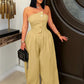 Metal Buttons Patchwork Wide-Leg Jumpsuit Women Summer Trend Strapless Zip Backless Street Fashion Classic Overalls