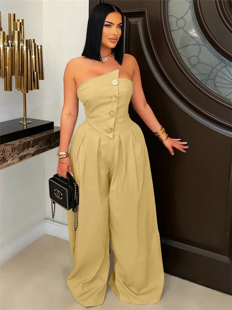 Metal Buttons Patchwork Wide-Leg Jumpsuit Women Summer Trend Strapless Zip Backless Street Fashion Classic Overalls