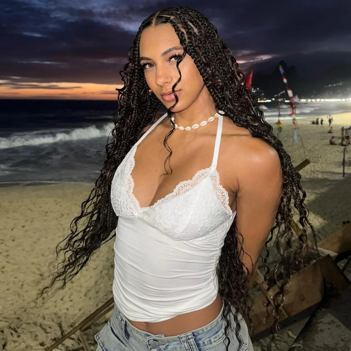 Lace Trim Deep V Halter Crop Tops White Sexy Tanks & Camis Fashion Clothes Going Out Top Women Club Wear