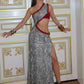 Women One Shoulder Snake Print Maxi Dress Ruffle Trim Cutout Waist High Split Sleeveless Bodycon Evening Party Dress