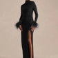 Women High Neck Long Sleeve Maxi Dress Draped Ruched Feather Cuff Formal Gown High Slit Evening Party Bodycon Dress