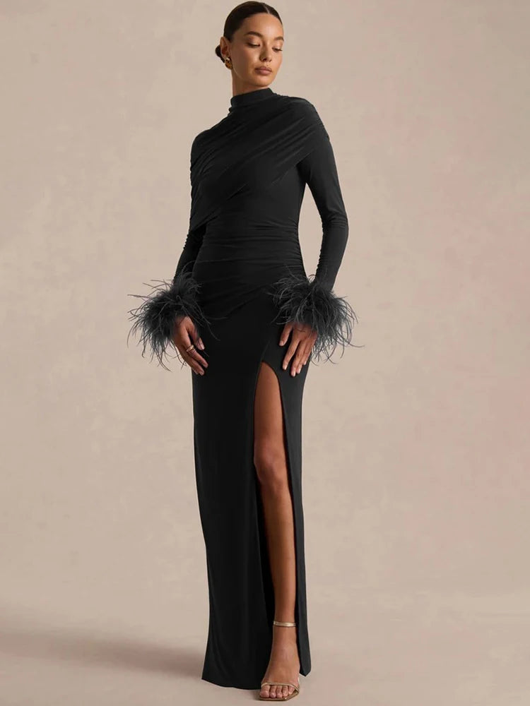 Women High Neck Long Sleeve Maxi Dress Draped Ruched Feather Cuff Formal Gown High Slit Evening Party Bodycon Dress