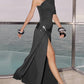 Off-shoulder Backless Sexy Maix Dress Women Elegant One Sleeve Ruched Split Club Party Pleated Long Dress Female