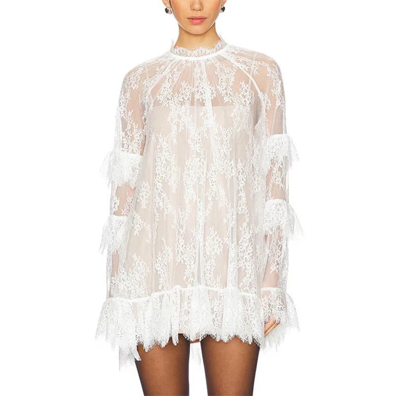 Women Lace Sheer Dress Sexy See Through Mesh Long Sleeve High Neck Floral Cover Up Cocktail Party Mini Dresses