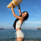 Plaid 2-Piece Set Bandage Halter Patchwork Bead Decoration Hollow Low-Neck Vest+Drawstring Simple Short Party Suit