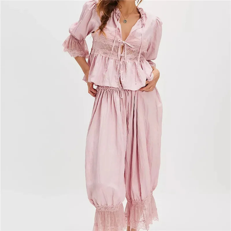 Women Lace Trim 2 Piece Pajamas Sets Y2k Bow Tie Front Short Sleeve Shirts + Ruffle Flared Lantern Pants Loungewear