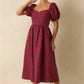 Xmas Vintage Red Navy Plaid Dress Ladies Bubble Short Sleeve Back Shirred Flared Midi Dress Winter Holiday Party Dress