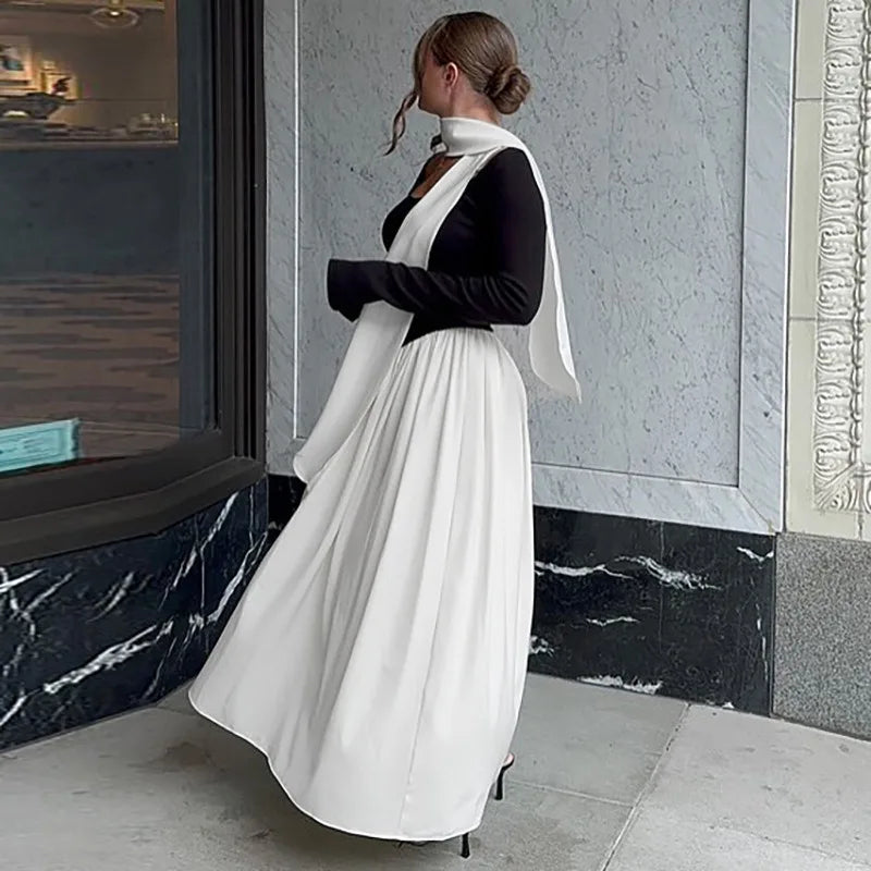 Long Sleeve Maxi Dress with Scarf Elegant Black and White Patchwork Autumn Dresses Woman Clothing 2025
