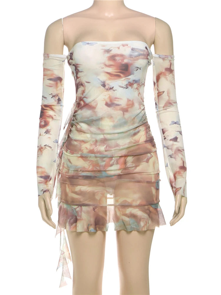 Slash Neck Dress Women See Through Full Sleeve Tie-Dye Print Coquette Autumn Trend Skinny Midnight Club Party Bodycon