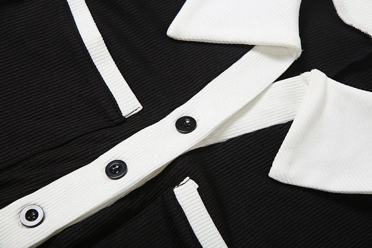 Contrast Patchwork Playsuits Women Ribbed Button Polo-Neck Full Sleeve Skinny Stretch Wrap Hip Street Fashion Rompers