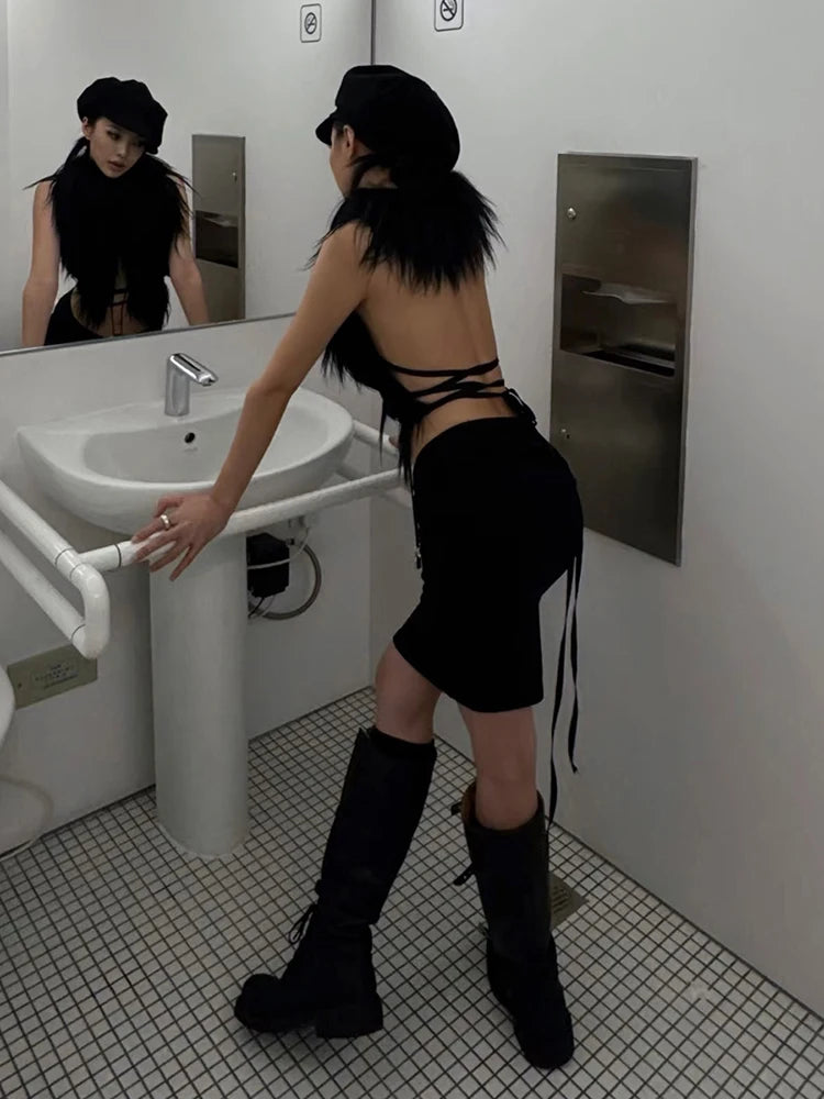 Sexy Furry Halter Top Women Fur Collar Backless Lace-Up Hottie Coquette Dark Punk Style Music Festival Clubwear Vest