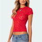Women Sheer Floral Lace Crop Top Short Sleeve Round Neck Slim Fit See Through Blouse Summer Casual Streetwear Y2K Outfit