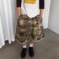Women Camo Cropped Bermuda Shorts Elastic Waist Drawstring Frayed Hem Wide Leg Shorts Daily Streetwear Loose Bottoms