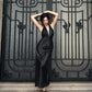 Faux-leather Halter-neck Maxi Dress Deep V Front Twist-ruched Black Evening Dresses for Woman
