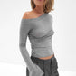 One Shoulder Slit Long Sleeve Tee Shirts Ladies Casual Grey Tops Woman's Clothes Fall