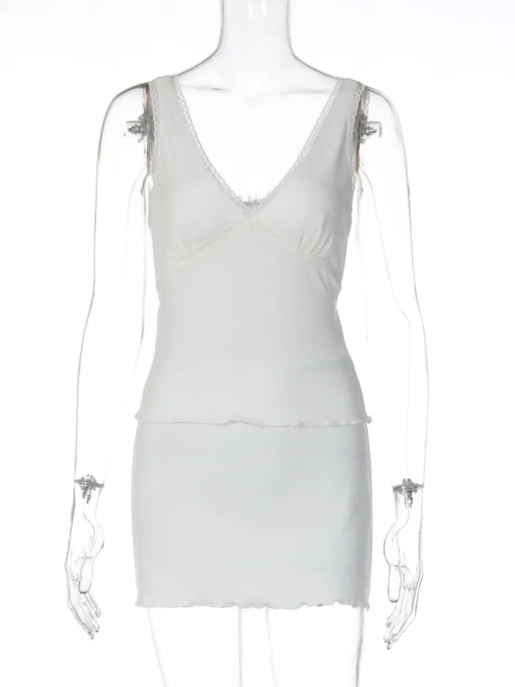 Women Two Piece Set Outfit V Neck Sleeveless CAMI Top And Mini Skirt Sets Female Y2K Ruched Party Dress Sets Summer