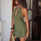 Sexy Backless Dress Women Hottie Halter Bandages Ruched Rivets Patchwork Sleeveless Trend Chic Party Street Bodycon