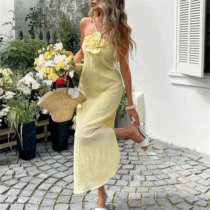 Women's 3D Flower Halter Maxi Dress Crinkled Textured Fabric Sleeveless Flowy Long Dress for Casual Summer Wear