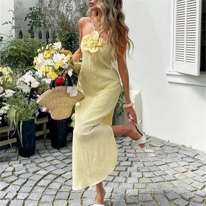 Women's 3D Flower Halter Maxi Dress Crinkled Textured Fabric Sleeveless Flowy Long Dress for Casual Summer Wear