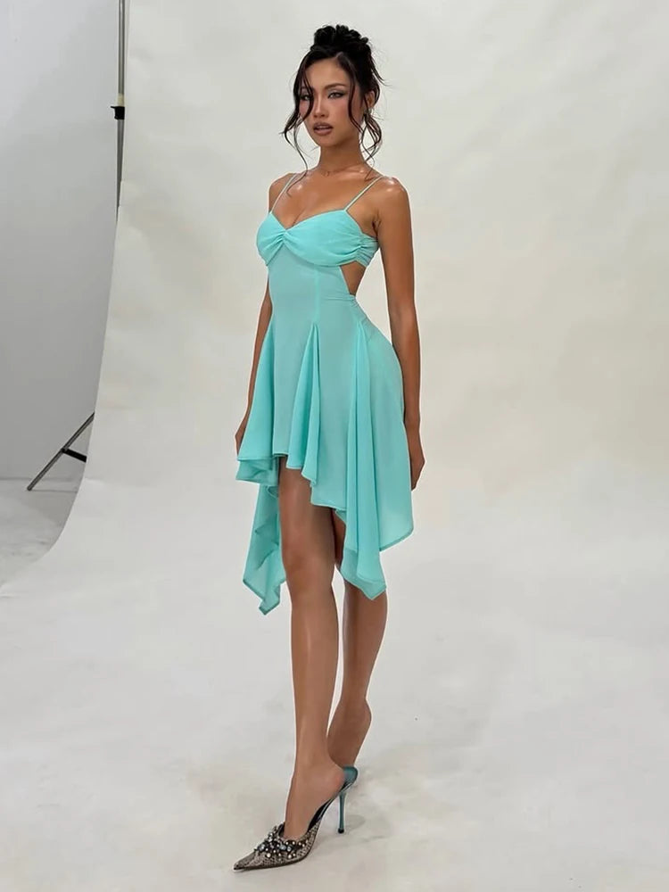 Bandage Backless Dress Women Low-Neck Sleeveless Irregular Folds Hem Skinny Solid Summer Fashion Classic Bodycon