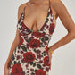 Spaghetti Strap Backless Print Dress For Women Fashion Deep V Neck Sleeveless Lace Up Bodycon Printed Sexy Long Dress
