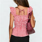 Y2K Sweet Gingham Plaid Peplum Top Women Ruffle Strap Square Neck Smocked Waist Tie Back Casual Summer Blouse