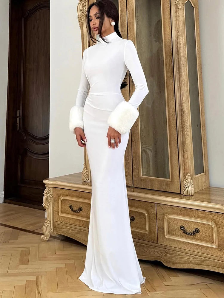 Sexy Furry Sleeve Dress Women O-Neck Autumn Trend Elegant Simple Christmas Birthday Party Stretch Skinny Maxi Bodycon