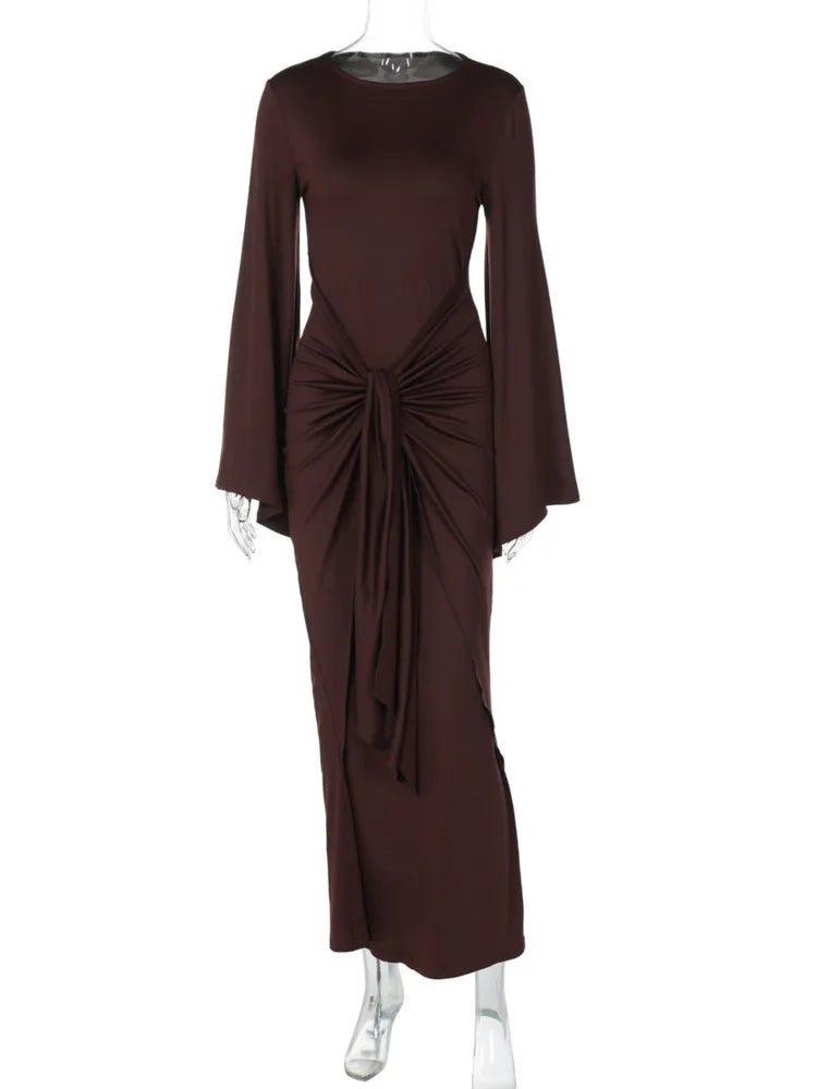 Long Sleeve Draped Ruched Sexy Maxi Dress Women Autumn Winter O Neck High Waist Bodycon Club Party Long Dress Elegant