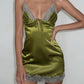 Patchwork Lace Satin Dress Women v-Neck Bandage Tassel Skinny Sexy Folds Midnight Chic Hottie Summer Mini Bodycon