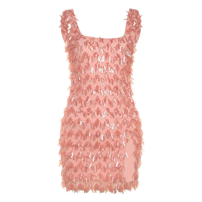 Sequins Fringed Mini Dresses Sexy Club Outfits for Woman Square Neck Sleeveless Backless Split Dress