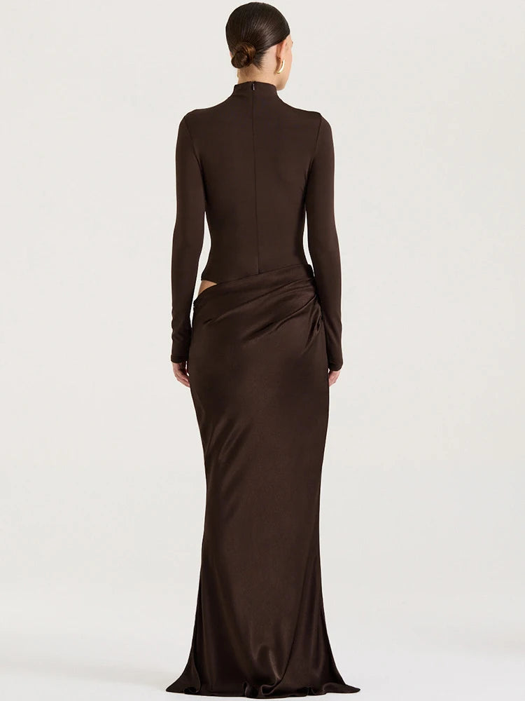 Autumn Long Sleeve Sexy Maxi Dress Women Fashion Hollow Out Turtleneck Ruched Bodycon Club Party Long Dresses Female