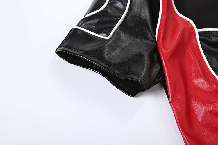 Patchwork Hipster 2Piece Women Faux Leather Long Gloves+Low-Neck Zip Skinny Bodysuits Sexy Music Festival Streetwear