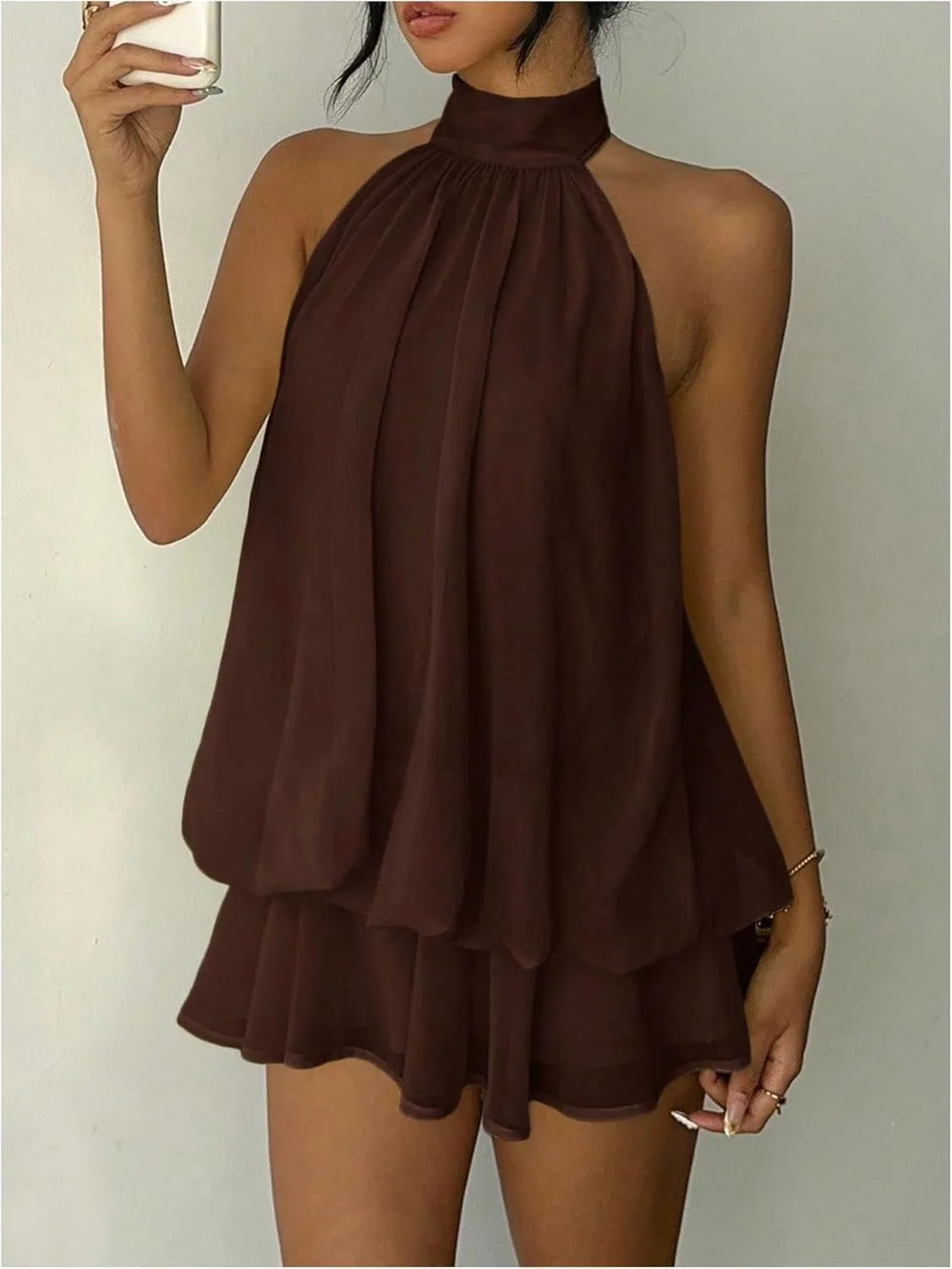 Elegant Women's Halter Neck Short Dress Summer Sleeveless Open Back Drop Waist Ruffle Mini Dress Beach Club Party Dress