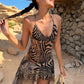 Sexy Leopard Slip Dress Women Mesh Irregular Stripe Print Patchwork Tierred Low Chest Skinny Hottie Clubwear Bodycon