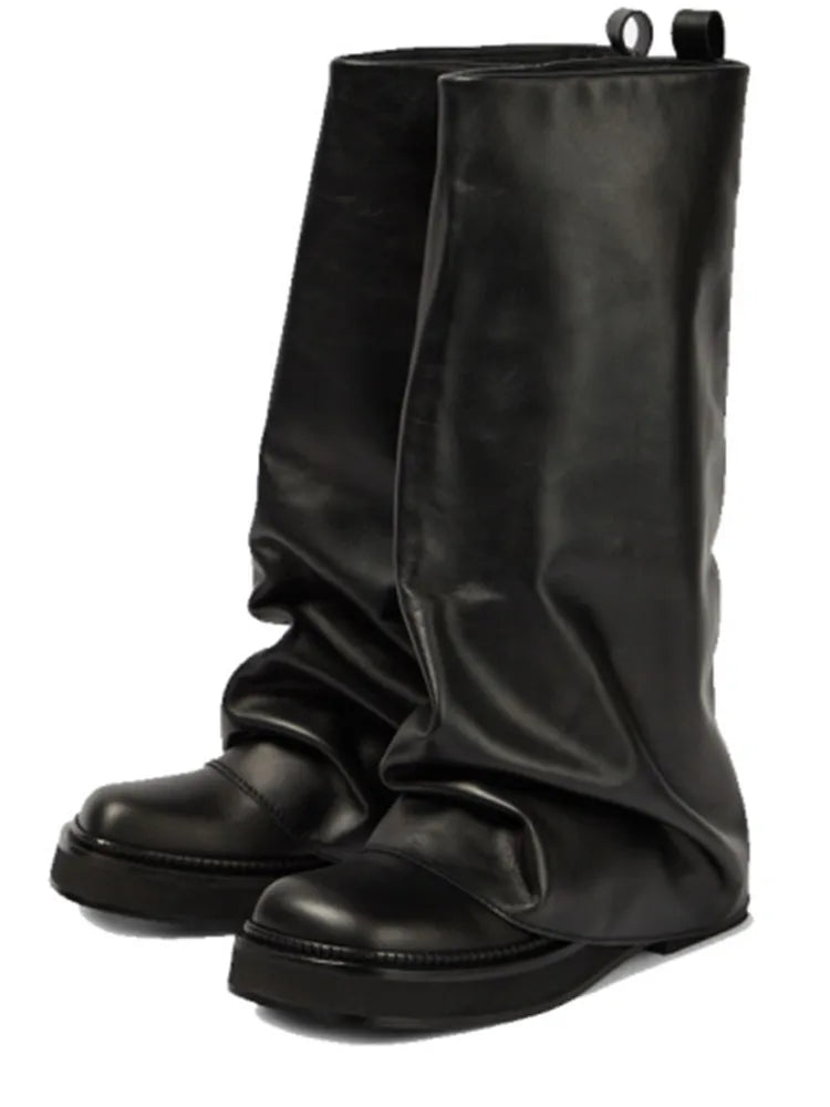 Women's New Autumn and Winter Calf Boots with Pleated Thick High Heels and Fashionable Oversized Street Leather Mid Leg Boots