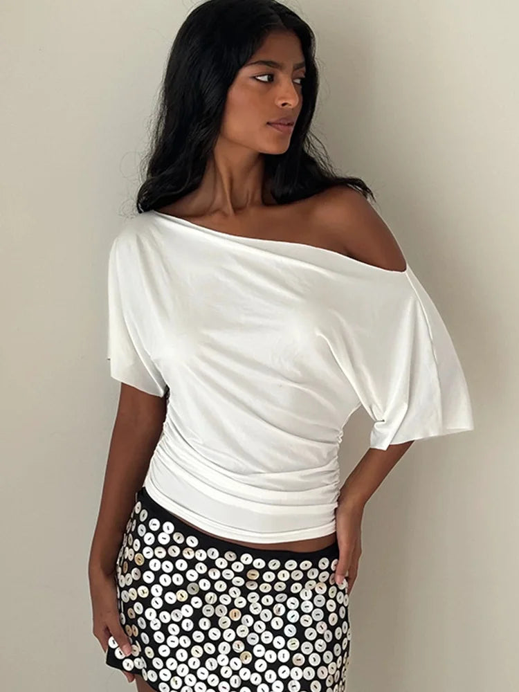 Asymmetrical One Shoulder Short Sleeve Shirts Woman Solid Color Casual Tops Summer Clothes for Woman 2025