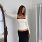 Fitted White Polka Dot Fall T Shirts Woman Clothing Lace Trim Square Neck Long Sleeve Top