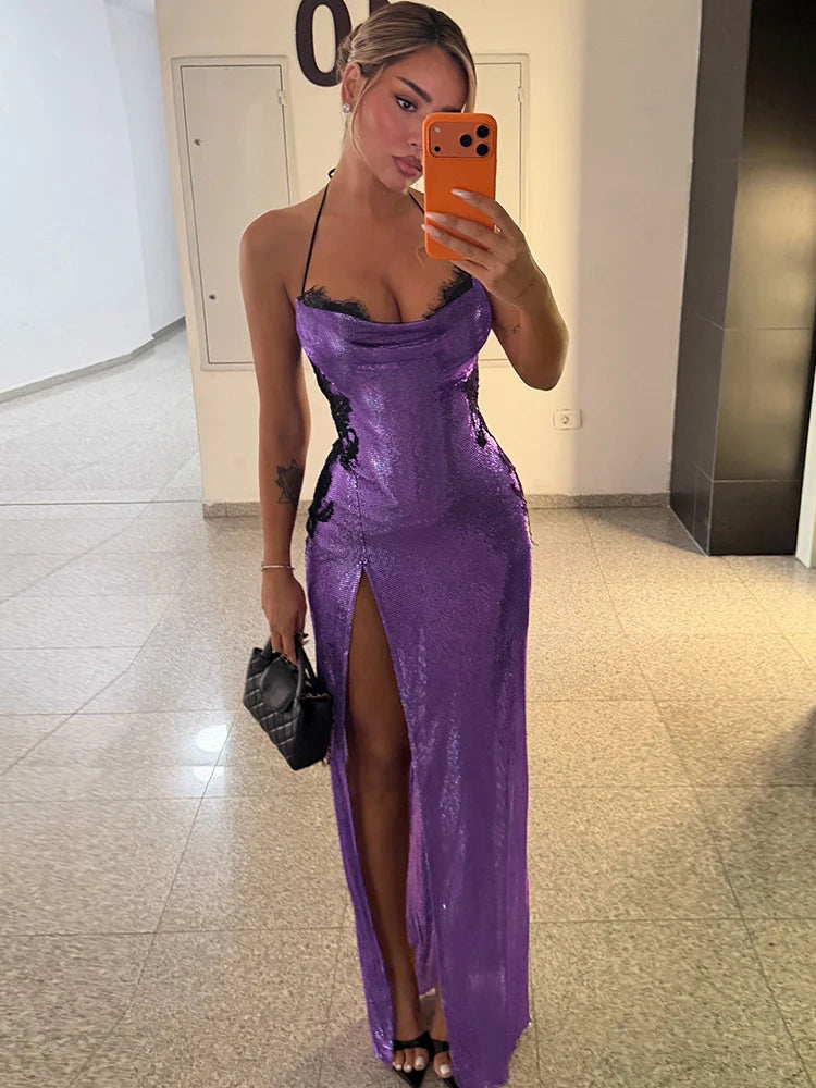 Sexy Shiny Long Dress Woman Lace Jacquard Decoration Halter Low-Neck Backless Splits Hem Prom Party Elegant Vestidos