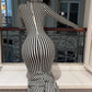 Sleeveless Fashion Stripes Dress Women Sexy Hooded Ruffled Hem Patchwork Full Chic Elegant Evening Party Club Bodycon