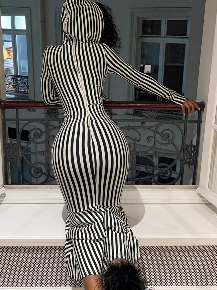 Sleeveless Fashion Stripes Dress Women Sexy Hooded Ruffled Hem Patchwork Full Chic Elegant Evening Party Club Bodycon