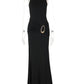 Turtleneck Sleeveless Sexy Maxi Dress Women Gown Elegant Black Metal Buckle Ruched Bodycon Club Party Long Dresses