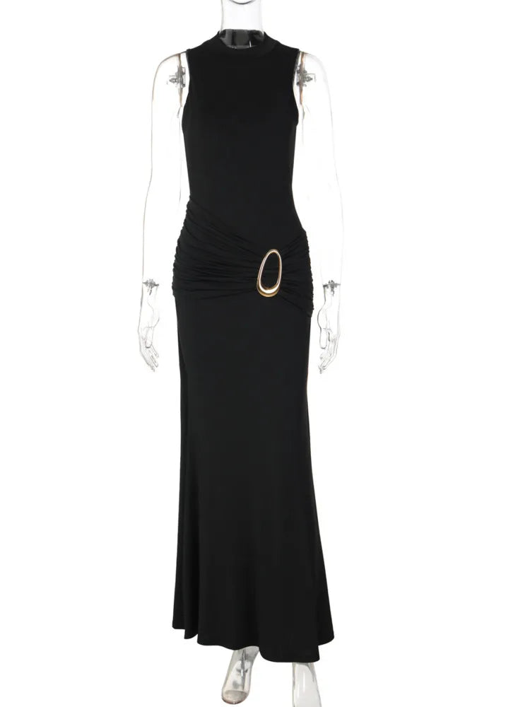 Turtleneck Sleeveless Sexy Maxi Dress Women Gown Elegant Black Metal Buckle Ruched Bodycon Club Party Long Dresses