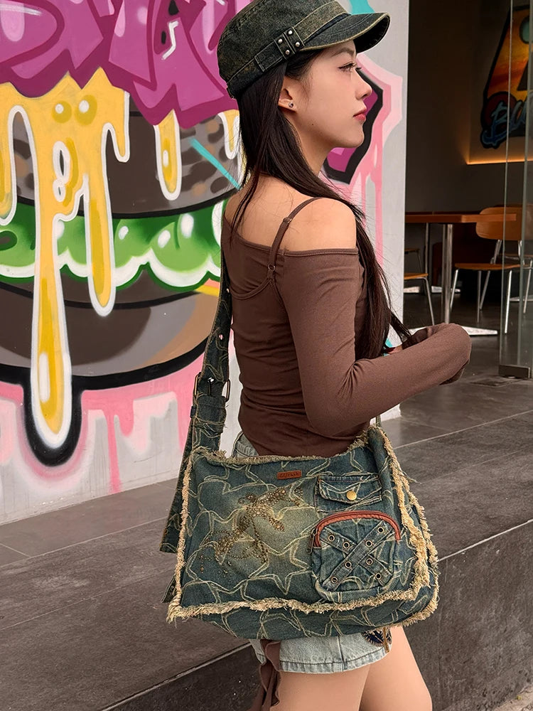 Y2K Vintage Denim Crossbody Bag with Star Print, Frayed Grunge Shoulder Bag for Women, Retro Streetwear Tote Handbag