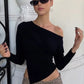 Inclined Shoulder Long Sleeve Sexy T-shirt Women Autumn Fashion Solid Skew Collar Backless Ruched Club Party T-shirts