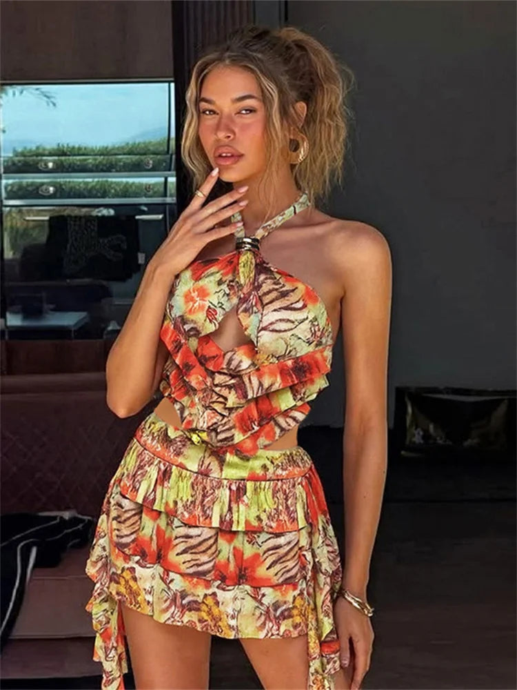 Hollow Tierred Dress Women Cross Halter Colorful Print Irregular Tassel Metal Rings Backless Summer Vacation Bodycon