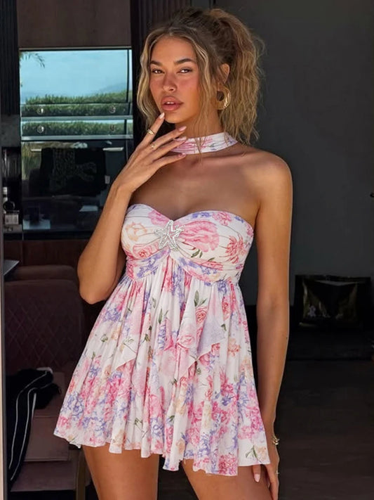 Metal Starfish Dress Women Chest Wrap Halter Low-Neck Irregular Ruffles Hem Backless Sleeveless Vacation Mini Bodycon